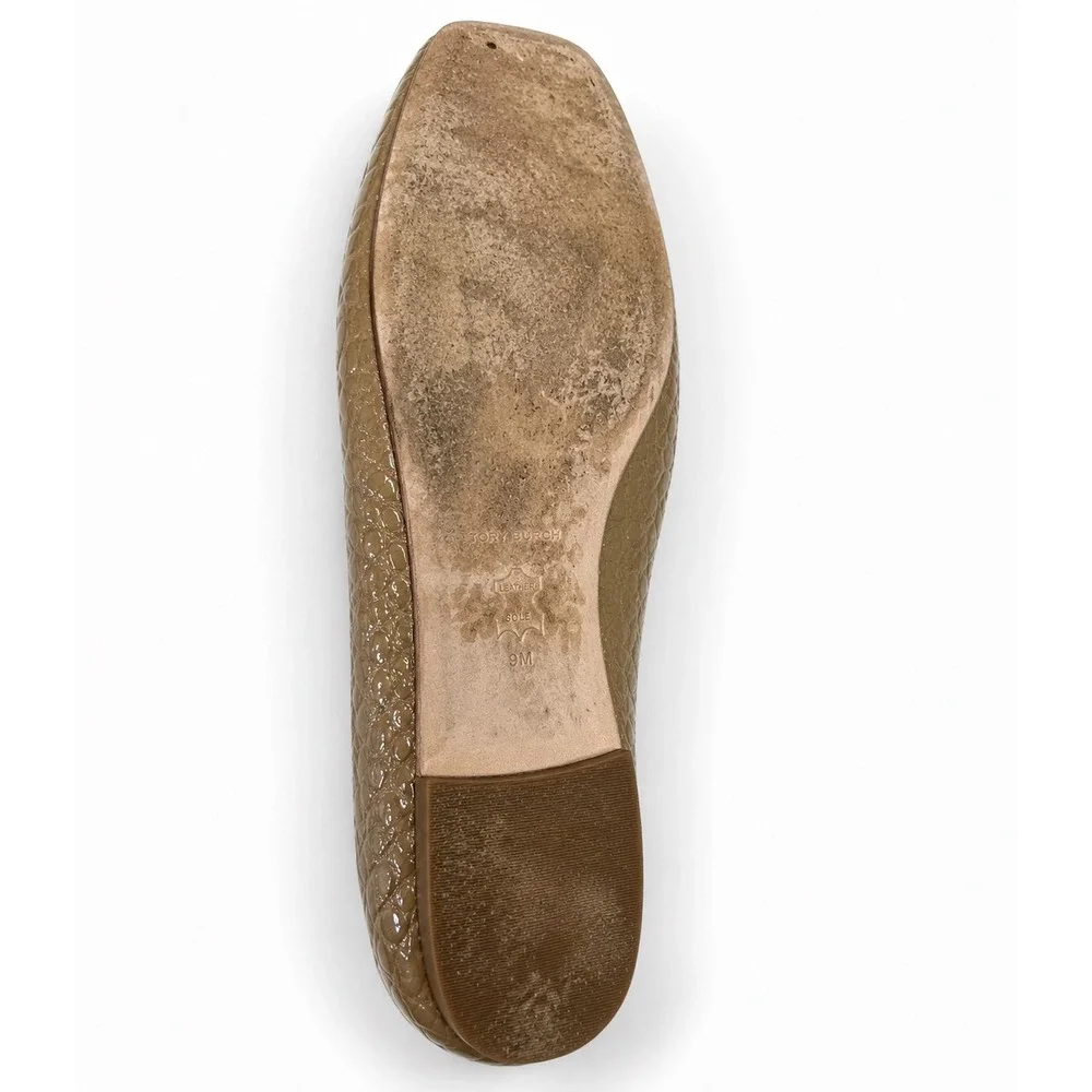 Tory Burch Ballet Flats Women 9M Tan Good Croc Embossed Logo Square Toe